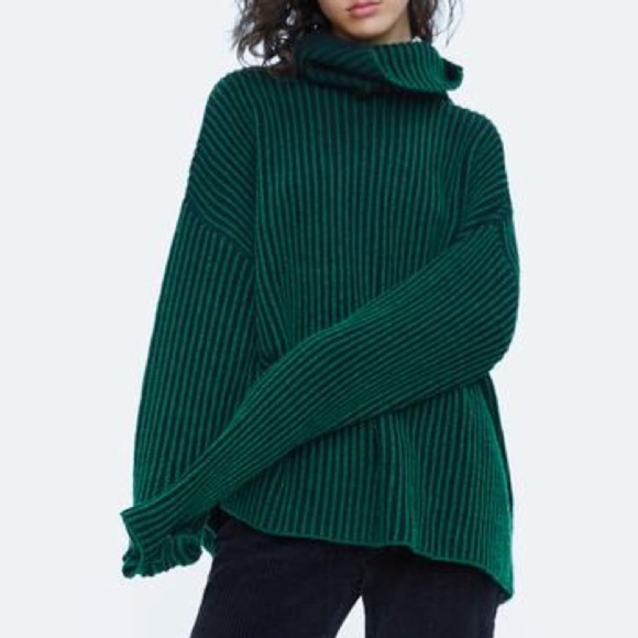 Zara S Stripe Chunky Ribbed Knit Wool Blend Slouchy Oversized Turtleneck Sweater - Picture 1 of 9